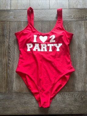 No Boundaries Red One-Piece Swimsuit with White "I ♥ 2 PARTY" Print